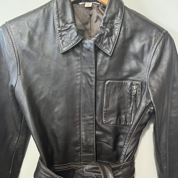 VTG 90s New Frontier Y2K Womens Brown Leather Belted Zip Jacket Coat Dressy 6 - Picture 2 of 9